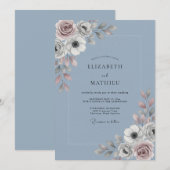 Slate Blue Soft Botanical Wedding 招待状 (正面/裏面)