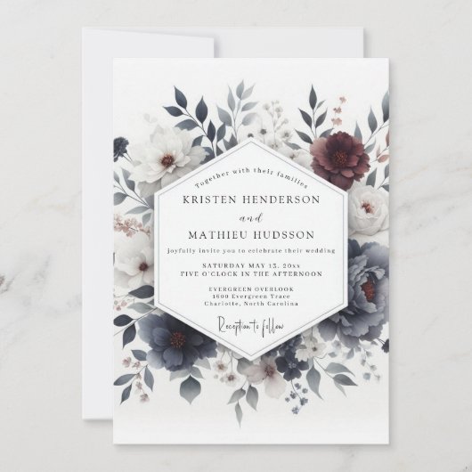 Slate Blue Somber Bloom Wedding 招待状 (正面)