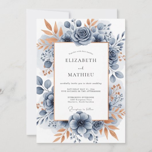 Slate Blue Sophisticated Botanical Wedding 招待状 (正面)