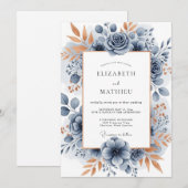 Slate Blue Sophisticated Botanical Wedding 招待状 (正面/裏面)