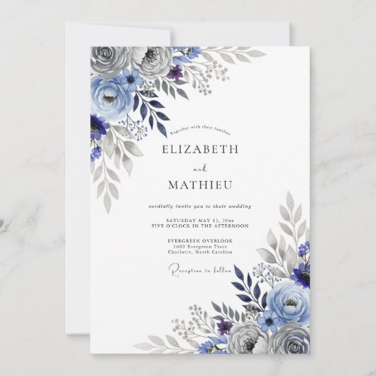 Slate Blue Striking Botanical Wedding 招待状 (正面)
