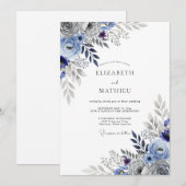 Slate Blue Striking Botanical Wedding 招待状 (正面/裏面)