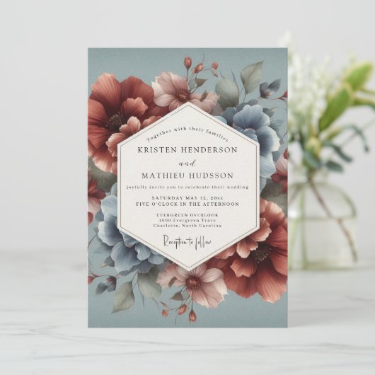 Slate Blue Terra Bloom Wedding 招待状 (スタンド正面)