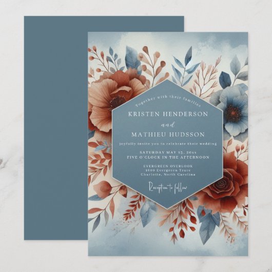 Slate Blue Terracotta Bloom Wedding 招待状 (正面/裏面)