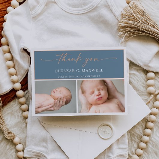 Slate Blue Thank You Photo Baby Announcement Card 招待状