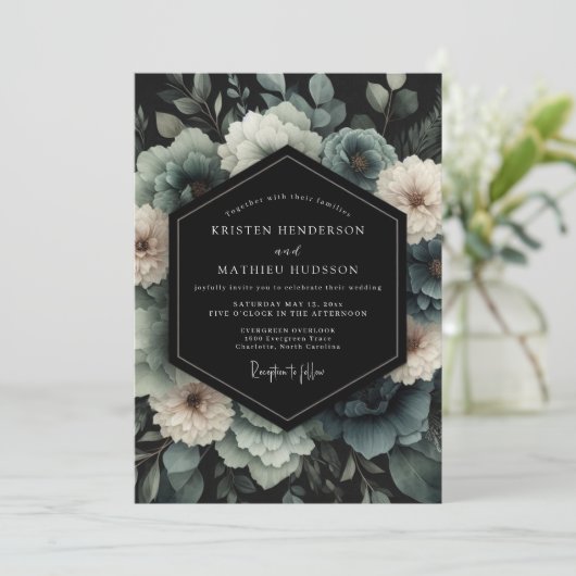 Slate Blue Umbral Bloom Wedding 招待状 (スタンド正面)
