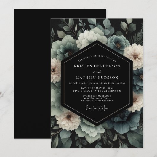 Slate Blue Umbral Bloom Wedding 招待状 (正面/裏面)