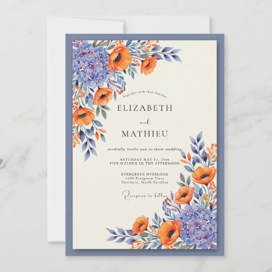 Slate Blue Vibrant Poppy Wedding 招待状 (正面)