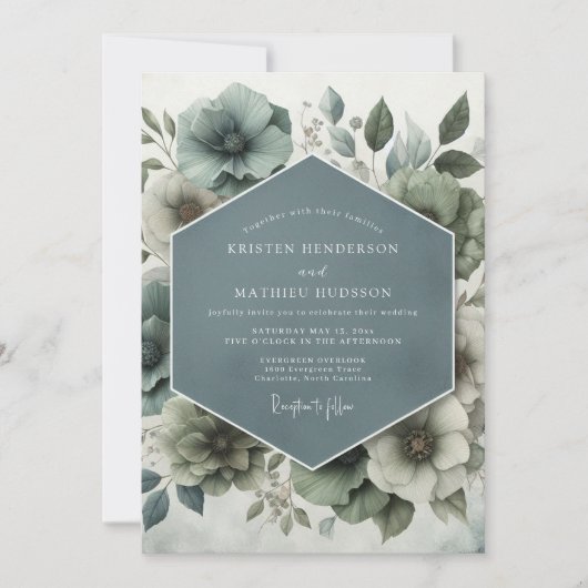 Slate Blue Watercolor Bloom Wedding 招待状 (正面)