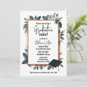 Slate Blue Watercolor Leaves Geometric Graduation 招待状 (スタンド正面)