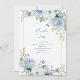 Slate Blue Watercolor Rose Gold Border Wedding 招待状