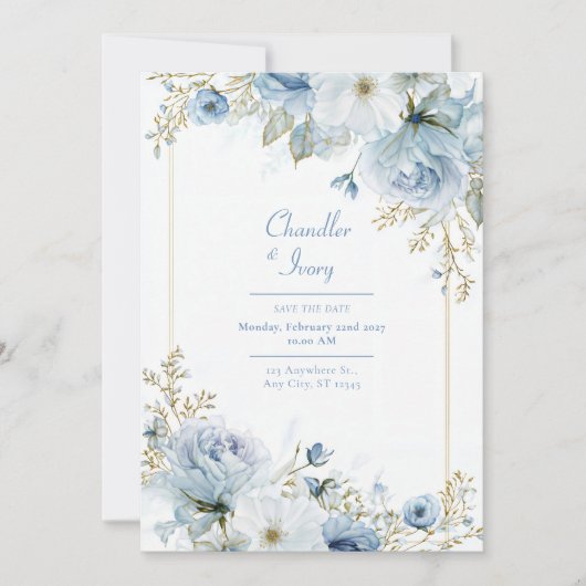 Slate Blue Watercolor Rose Gold Border Wedding 招待状 (正面)