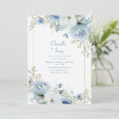 Slate Blue Watercolor Rose Gold Border Wedding 招待状 (スタンド正面)