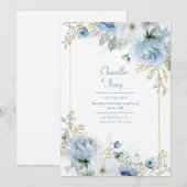 Slate Blue Watercolor Rose Gold Border Wedding 招待状 (正面/裏面)