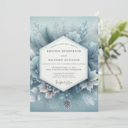 Slate Blue Winter Bloom Wedding 招待状 (スタンド正面)