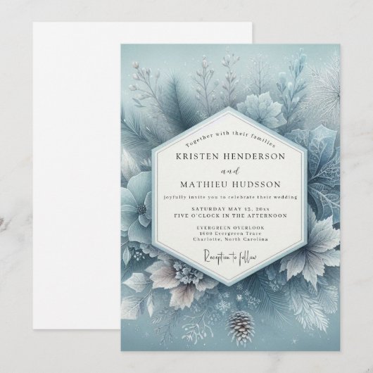 Slate Blue Winter Bloom Wedding 招待状 (正面/裏面)
