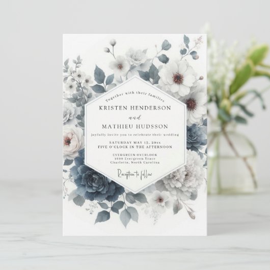 Slate Blue Wintry Anemone Wedding 招待状 (スタンド正面)
