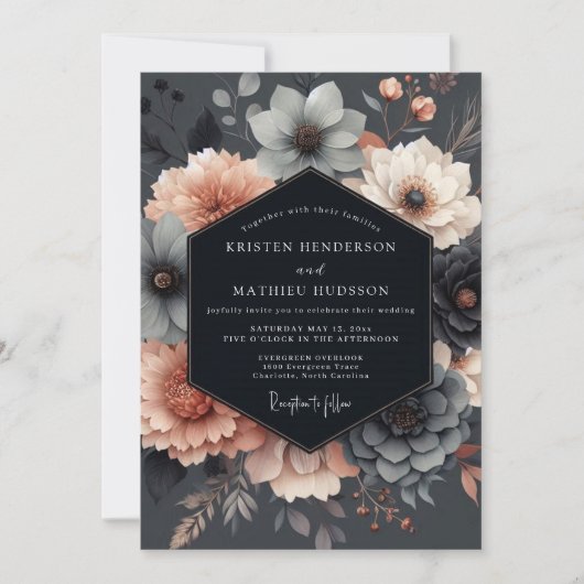 Slate Blush Moody Bloom Wedding 招待状 (正面)