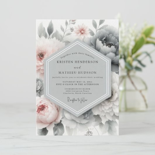 Slate Blush Painterly Peony Wedding 招待状 (スタンド正面)