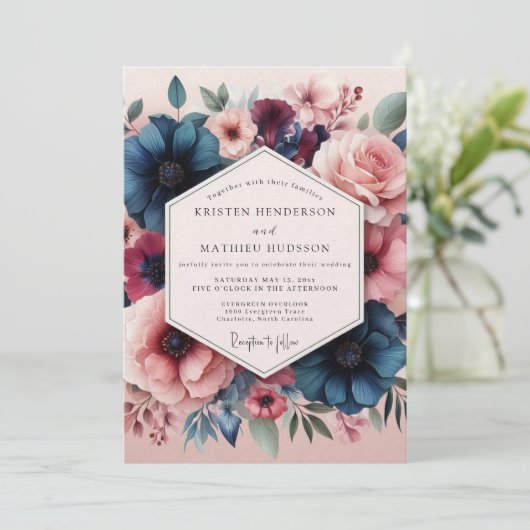 Slate Blush Romantic Bloom Wedding 招待状 (スタンド正面)