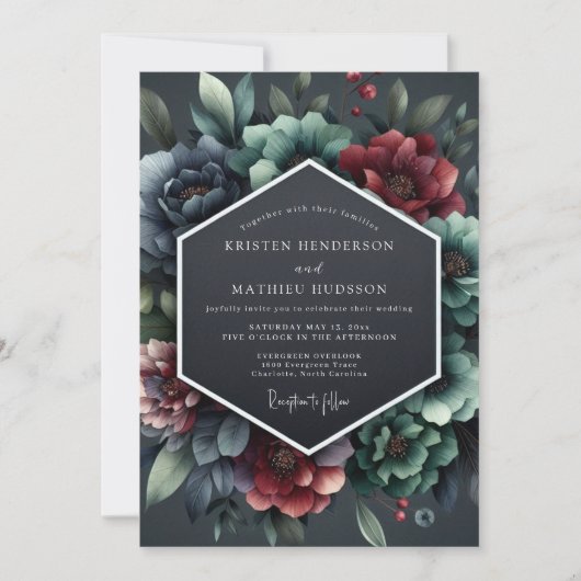 Slate Burgundy Baroque Bloom Wedding 招待状 (正面)