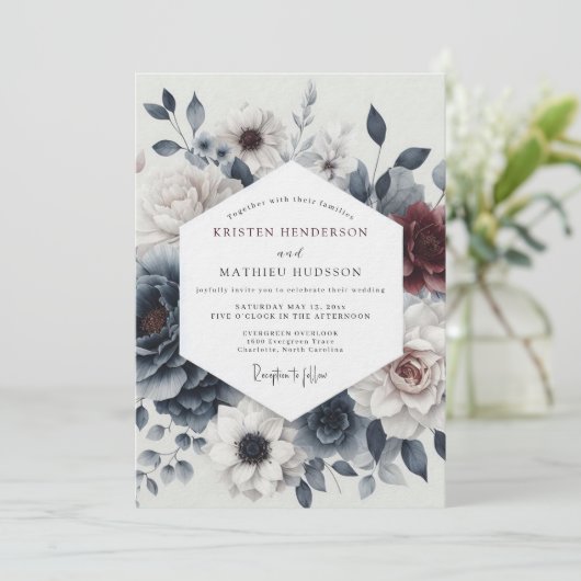 Slate Burgundy Moody Bloom Wedding 招待状 (スタンド正面)