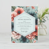 Slate Coral Artistic Flora Wedding 招待状 (スタンド正面)
