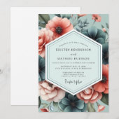 Slate Coral Artistic Flora Wedding 招待状 (正面/裏面)