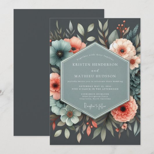 Slate Coral Botanical Wedding 招待状 (正面/裏面)