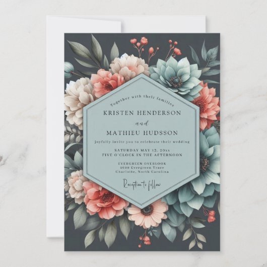 Slate Coral Moody Bloom Wedding 招待状 (正面)