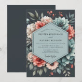 Slate Coral Moody Bloom Wedding 招待状 (正面/裏面)