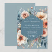 Slate & Coral Painted Bloom Wedding 招待状 (正面/裏面)