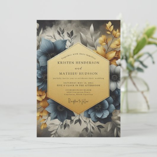 Slate & Gold Painterly Bloom Wedding 招待状 (スタンド正面)