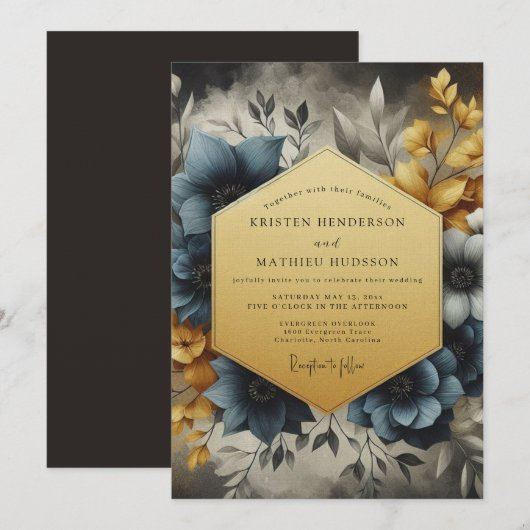 Slate & Gold Painterly Bloom Wedding 招待状 (正面/裏面)