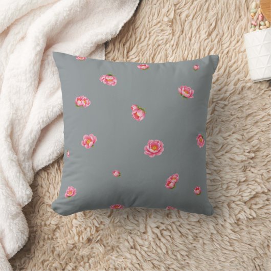 Slate Gray Japanese Winter Peony Floral Pattern クッション (ブランケット)