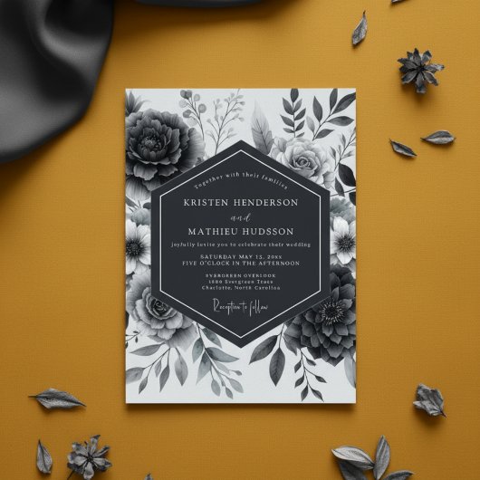 Slate Gray Moody Floral Wedding 招待状