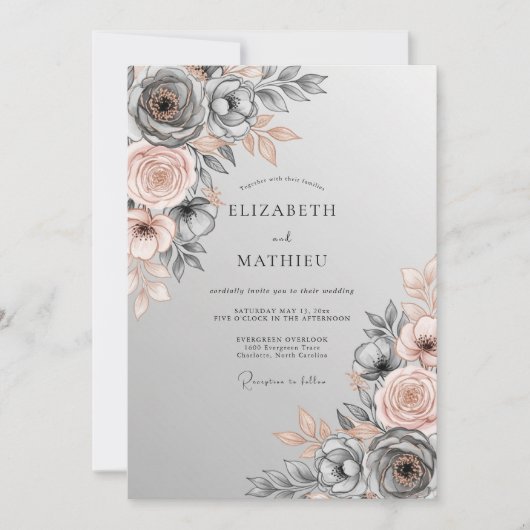 Slate Gray Polished Botanical Wedding 招待状 (正面)