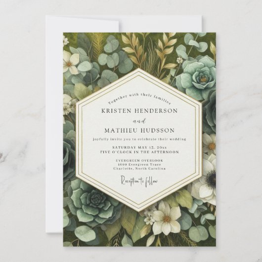 Slate Green Botanical Opulence Wedding 招待状 (正面)