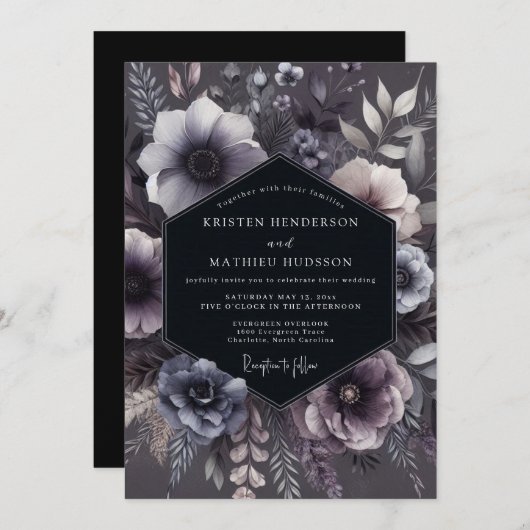Slate Purple Floral Moody Wedding 招待状 (正面/裏面)