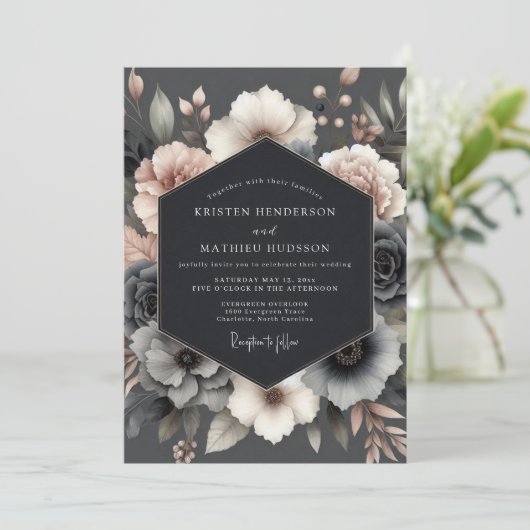 Slate Rose Somber Bloom Wedding 招待状 (スタンド正面)