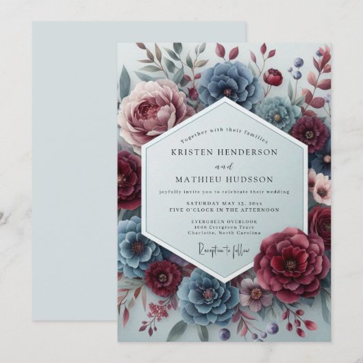 Slate Rouge Somber Flora Wedding 招待状 (正面/裏面)