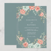Slate Teal Elegant Botanical Wedding 招待状 (正面/裏面)