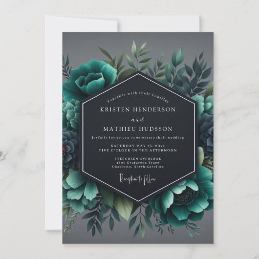 Slate Teal Moody Flora Wedding 招待状 (正面)