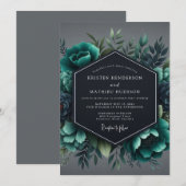 Slate Teal Moody Flora Wedding 招待状 (正面/裏面)