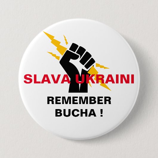 SLAVA UKRAINI REMEMBER BUCHAボタン 缶バッジ (正面)
