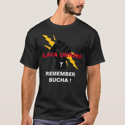 SLAVA UKRAINI REMEMBER BUCHA Tシャツ (正面)