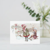 Sled Vintage Christmasの犬と少女 シーズンポストカード (スタンド正面)