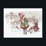 Sled Vintage Christmasの犬と少女 シーズンポストカード<br><div class="desc">1912走年からヴィンテージのクリスマスポストカードに入った小さなスレッドで他の女の子を引っ張っている2人の女の子の横にある犬。</div>