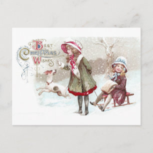 Sled Vintage Christmasの犬と少女 シーズンポストカード