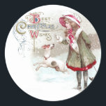 Sled Vintage Christmasの犬と少女 ラウンドシール<br><div class="desc">1912走年からヴィンテージのクリスマスポストカードに入った小さなスレッドで他の女の子を引っ張っている2人の女の子の横にある犬。</div>